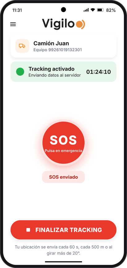 Botón SOS con el aviso SOS enviado