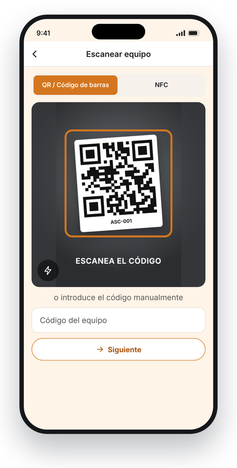 Leitura do QR code de um equipamento