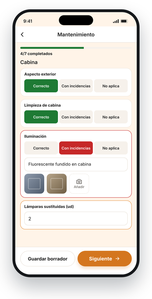 Checklist de manutenção com uma ocorrência e fotos