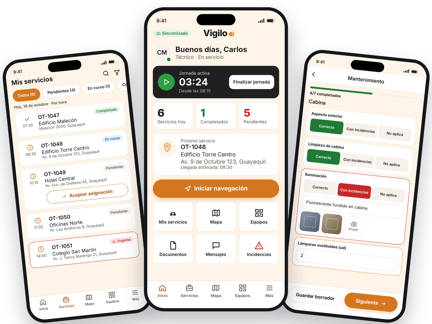 App VIGILO Service: serviços do dia, início de jornada e checklist
