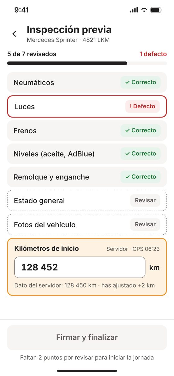 Revisión previa del vehículo en la app